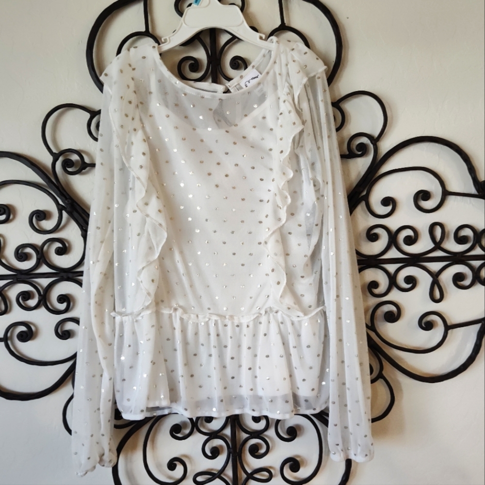 Beautiful Art Class White Sheer top blouse with gold dots Sz. L 10/12